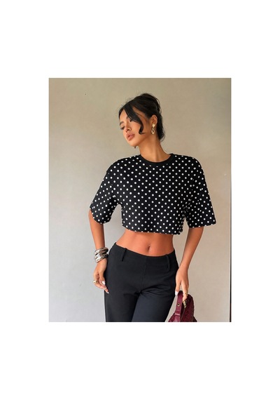 Hımmelduf Kadın Puantiye Desenli Crop Tişört Basic Oversize Yazlık Bluz Siyah