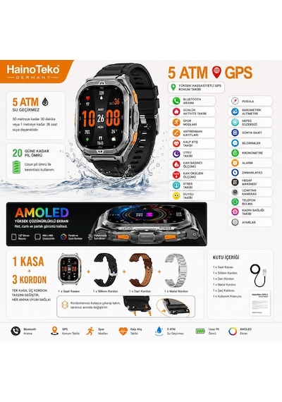 Haino Teko Gps-3 Amoled Ekran Gps Konumlu 3 Kordonlu Akıllı Saat(Distribütör Garantili)