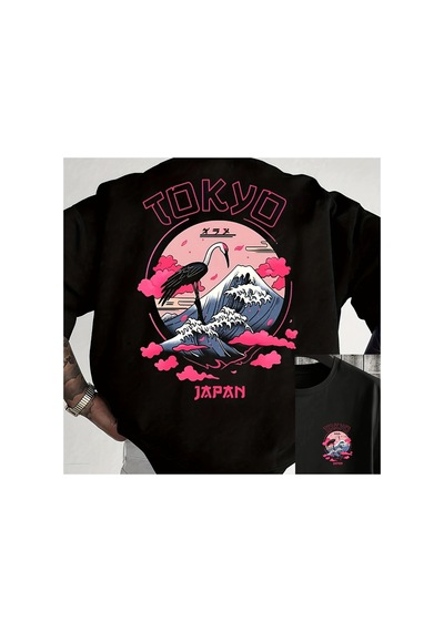 Caddemia Yaz Moda Rahat Gevşek Tokyo Rahat Desen Baskılı Yuvarlak Yaka Kısa Kollu T Siyah 2XL