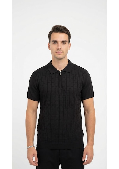 Plus Scorpion Erkek Polo Yaka Fermuarlı Triko Tişört Dokulu Slim Fit Siyah