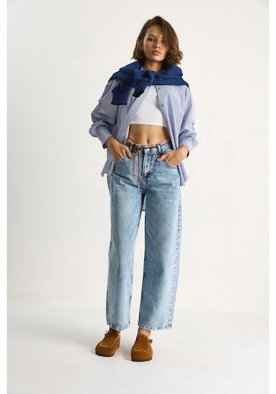 Shade Kadın Geniş Paça Yüksek Bel Deri İp Kemerli Denim Pantolon 5288 60284109 - Kar Yıkama