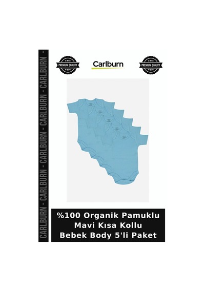 Carlburn Premium %100 Organik Pamuklu Mavi Kısa Kollu Bebek Body 5'li Paket Pamuk Kıyafet Düz Desen