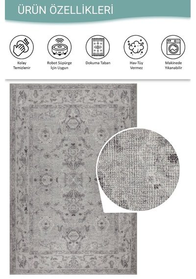 Relic Gri Vintage Dokulu Klasik Desenli Dokuma Tabanlı Şönil Halı Al 509 Gri