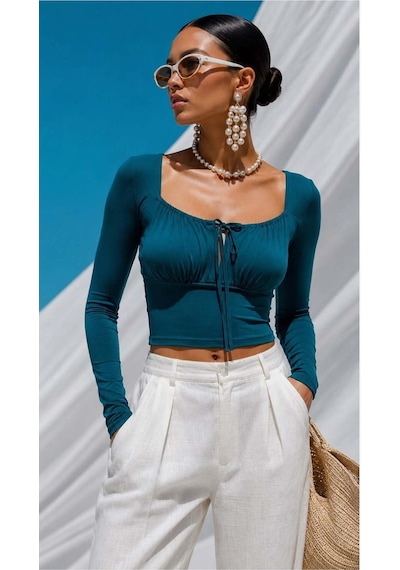 Bezos Kare Bluz Kollu Yaka Büzgülü Uzun Renk: Zümrüt Beden: L Bezos1