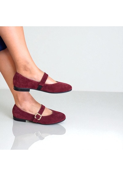 Ne&ve Shoes Bordo Süet Hakiki Deri Yuvarlak Burunlu Tokalı Kadın Babet