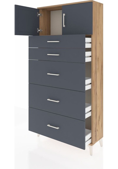 Arges Dolap Tek Raflı 5 Çekmeceli 2 Kapaklı 88x30x182 Çam-ant... Çam