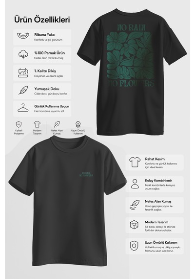 Spoyi Yeşil Yağmur Çiçekleri Tasarımlı %100 Pamuk Yarım Oversize Siyah T-shirt