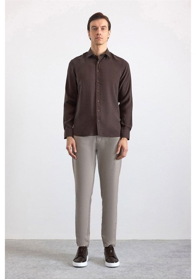 Süvari Koyu Kahve Slim Klasik Yaka Düz Casual Gömlek Gm1008400352-kh9