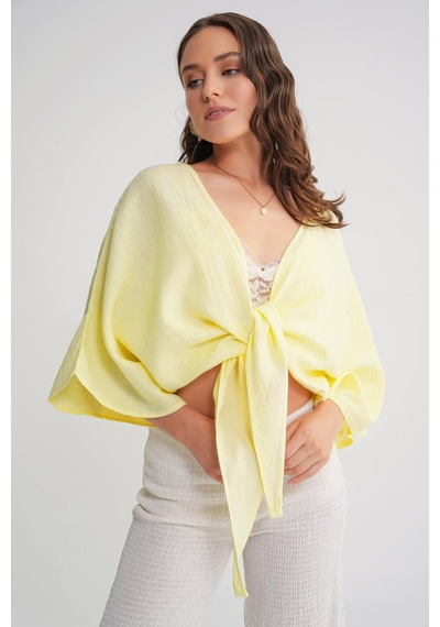 Mixray 4723 Kadın Önü Bağlamalı Bolero Bluz Sarı