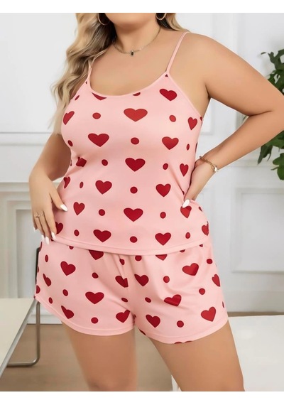Senoramoda Büyük Beden Pembe Kalp Desen Pamuklu Şortlu Pijama Takımı