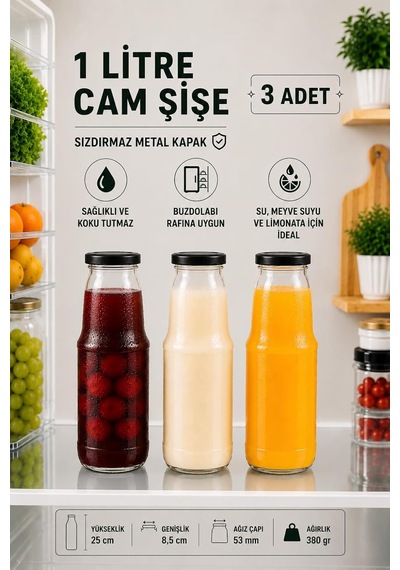 3 Adet 1 Litre Şeffaf Sürahi Süt, Ayran, Su, Limonata, Meşrubat Şişesi Metal Siyah Kapaklı Cam Şişe