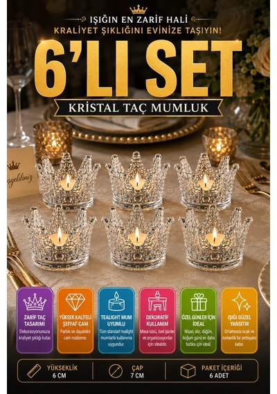 6'lı Set Kristal Taç Mumluk Şeffaf Diğer