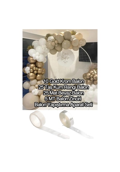 10 Krom Gold, 25 Beyaz Ve 25 Taş Kum Rengi Balon Zinciri Doğum Gü