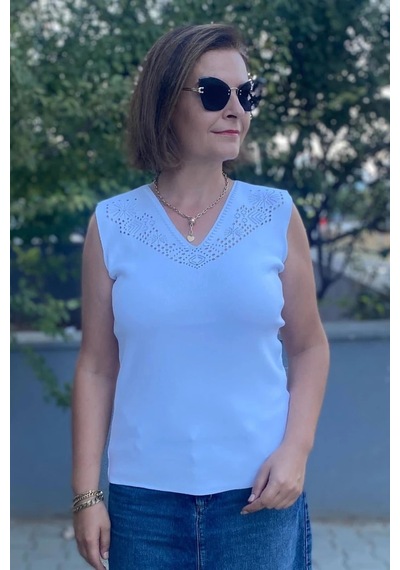 Mia Butik Kadın Lina Beyaz Merserize Kolsuz Bluz Beyaz
