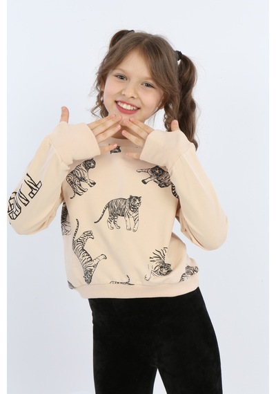 Toontoy Kız Çocuk Tiger Trend Baskılı Sweatshirt Bej