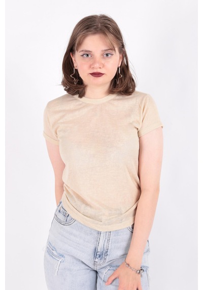 Busem S0016230 Kadın Flamlı İnce T-shirt Bej