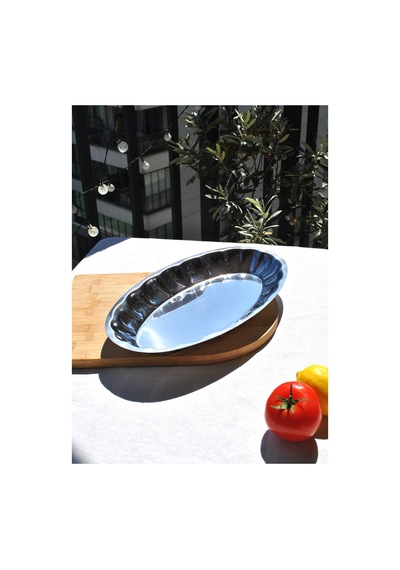 1 Adet Paslanmaz Çelik Dilimli Kayık Salata Sunum Tabağı 34 X 20 Cm Büyük Boy Kayık Tabak Gümüş