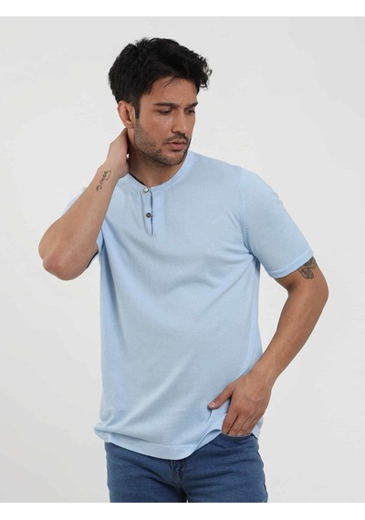 Dufy Buz Mavisi Erkek Slim Fit Düz Düğmeli O Yaka Kazak - 104636-buz Mavisi Buz Mavi