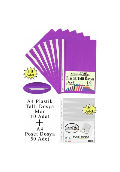 Telli Dosya Plastik A4 10 Lu Ve Poşet Dosya 50 Li 1 Paket Ekonomik Kaliteli Şeffaf Kapak Telli Dosya Okul Büro Ofis Mor