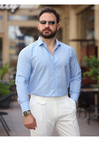 Çizgili Dik Yakalı Old Money Gömlek Açık Mavi Çzgl
