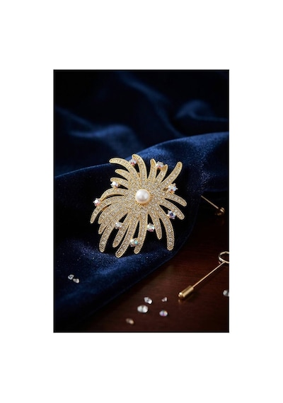 Zirkon Taşlı Gold Renk İnci Detaylı Broş Tj-br504 Evimdeyokyok