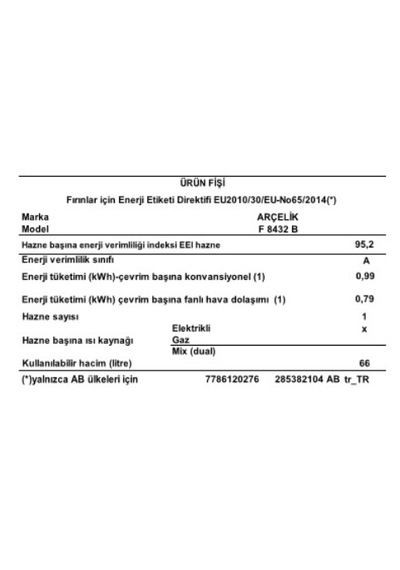 Arçelik F 8432 B 72 L Hacimli Statik Fırın