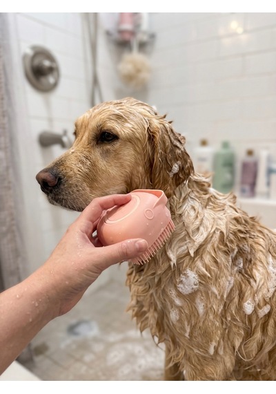 Şampuan Hazneli Kedi Köpek Yıkama Fırçası - Pembe Yumuşak Silikon Masaj Aparatı