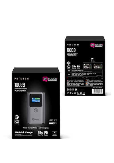 10.000mah Ultra Hızlı Şarj 55w Tft Ekranlı Powerbank - Premium Serisi Gri  -  Siyah