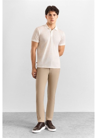 Süvari Bej Slim Dikey Çizgili Baskılı Düz Düğmeli Polo Yaka Tişört Ts1014000380-bj3