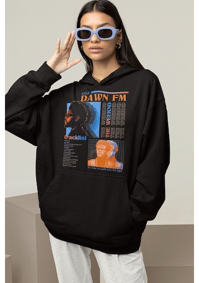 The Weeknd 103.5 Dawn Fm Baskılı Unisex Oversize Rapper Hoodie Siyah
