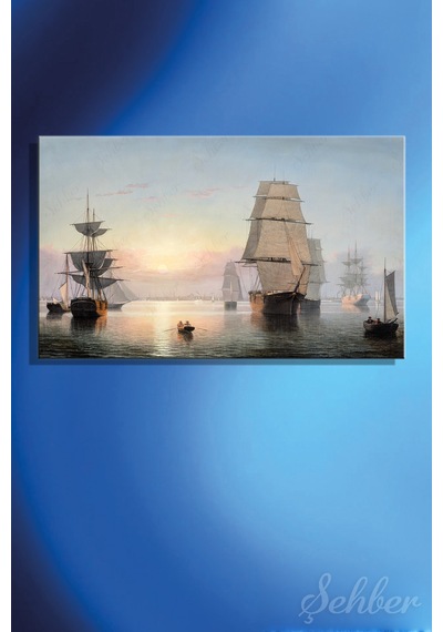 Fitz Henry Lane'in Ünlü "boston Harbor, Sunset" Adlı Tablosu Yatay Kanvas Tablo Tekli 3734 Çok Renkli
