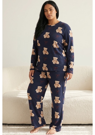 Siyah İnci Pamuklu Likralı Büyük Beden Battal Boy Örme Pijama Takım 26240879 Lacivert