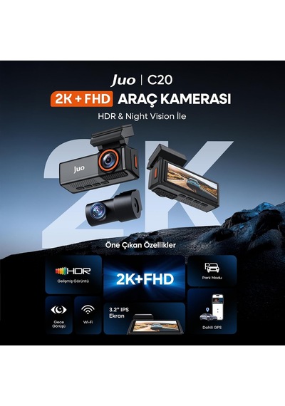 C20 2k Qhd Ön + Fhd Arka 2 Kameralı Wifi Gps Hdr Araç Kamerası 3.2" Ips Ekranlı 170 Derece Geniş Açı Gece Görüş