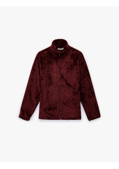 Koton Dik Yaka Fermuarlı Cep Detaylı Oversize Peluş Ceket Bordo 6wmg60026ık