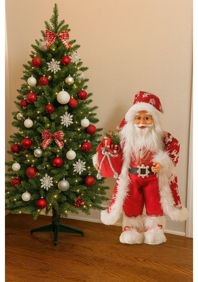 120 Cm Kırmızı Geyik Kostümlü Işıklı Noel Baba Özel Tasarım Yılbaşı Dekoru, Ayakta Duran Premium Süs