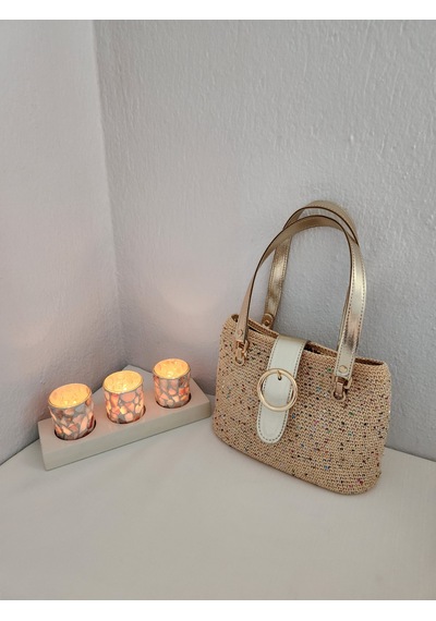 Fikriharika Design Party Model, Gold Parlak Detaylı, Işıltılı, Kadın El Çantası Bej