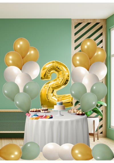 2 Yaş Küf Yeşili Temalı Doğom Günü Seti Metalik Gold Kum Beji Küf Yeşili Balonlar Gold Folyo Rakam Çok Renkli