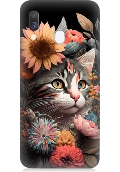 Samsung Galaxy A40 Uyumlu Çiçekler Ve Kül Gri Kedi Desenli Silikon Kılıf