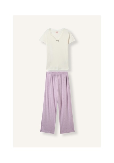 Defacto Regular Fit V Yaka Kısa Kollu Dantel Detaylı Üst Esnek Belli Alt Ribana Pijama Takımı I7414ax26aupr336 Mor-pr336