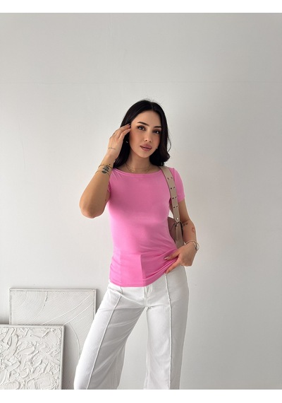 Elaxi Kadın Kısa Kollu Kayık Yaka Buzy Kumaş Tişört Pembe