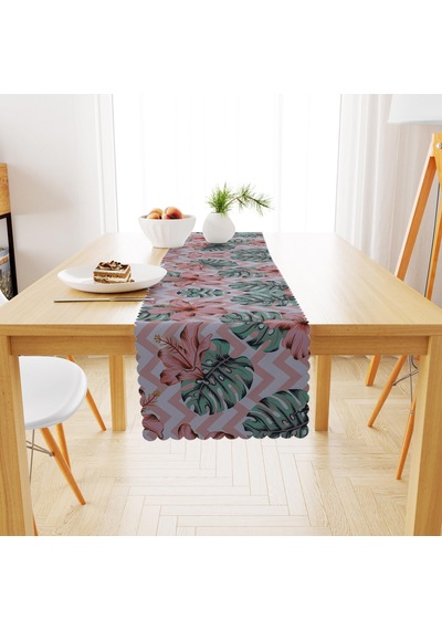 Çiçek Desenli Pembe Beyaz Zigzag Zemin Pembe Yeşil Dijital Baskılı Petek Dokuma Runner 40x140