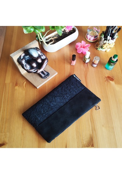 Ju Yaratıcı Tasarım Kadın Portföy & Clutch Çanta Süet Dantel Siyah