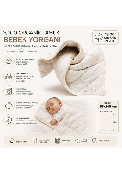 Viscolog %100 Organik Pamuk Bebek Uyku Yorganı Tela Çantalı 95x145 CM