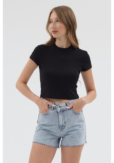 Urbantrendstore Kadın Bisiklet Yaka Likralı Kısa Kol Body Crop Bluz Günlük Şık Sade Yazlık Casual Crop Kadın Crop Siyah
