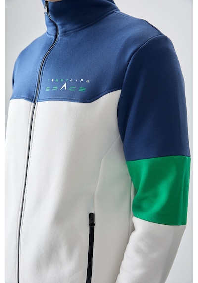 Tommy Life Ekru - İndigo Dik Yaka Renk Geçişli İçi Polarlı Erkek Eşofman Takımı - 85186 Ekru