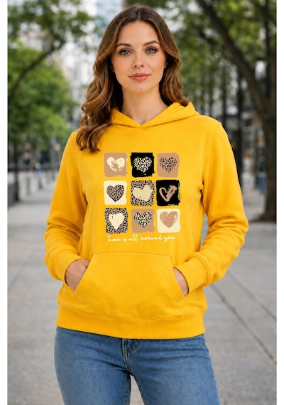 Herkesemoda Küçük Leopar Kalpler Baskılı Kapüşonlu 2 İplik Şardonlu Sweatshirt Mavi