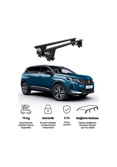 Royal Peugeot 5008 2021 Ve Sonrası Uyumlu Siyah Kilitli Ara Atkı Port Bagaj Tavan Barı