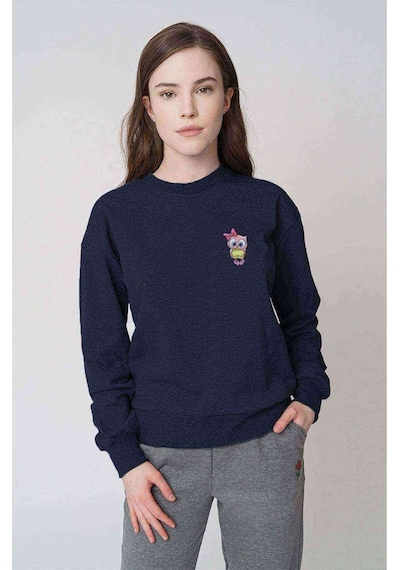 Baykuş Kız Pembe Göğüs Baskılı Indigo Mavi Kadın Sweatshirt