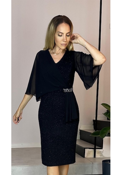 Ges Moda G0477 Taş Detaylı Şifon Kollu Abiye Elbise Siyah-siyah Siyah