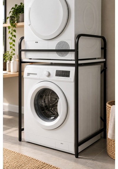 Sulorahome Metal Siyah Çamaşır Makinesi Üstü Raf Ünitesi 66 Cm